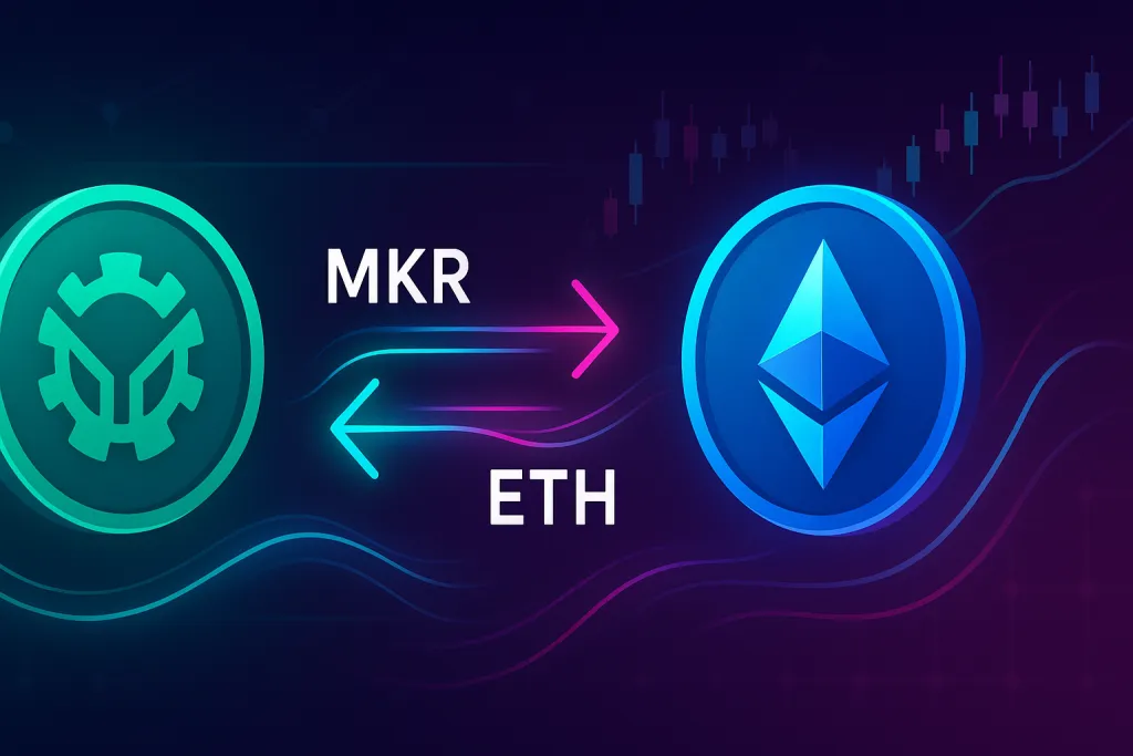 Bannière de tableau de bord de trading de cryptomonnaies illustrant l'échange MKR vers ETH avec des graphiques dynamiques et des flèches de conversion néon.