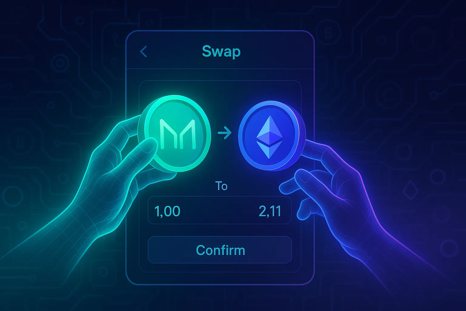 Marché numérique futuriste présentant une interface d'échange MKR/ETH