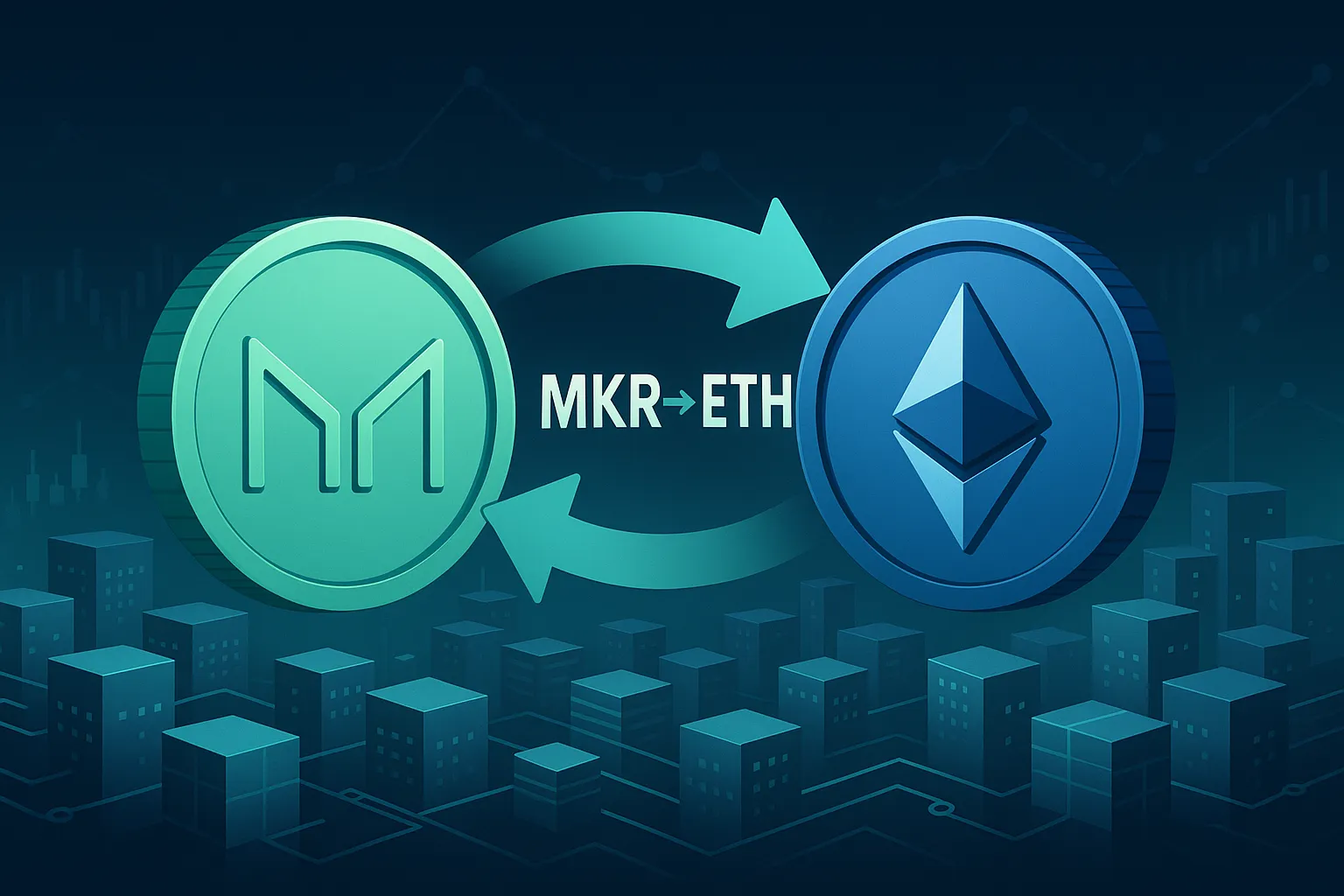 Illustration d'un échange MKR/ETH avec des cryptomonnaies, une flèche et un paysage urbain blockchain.