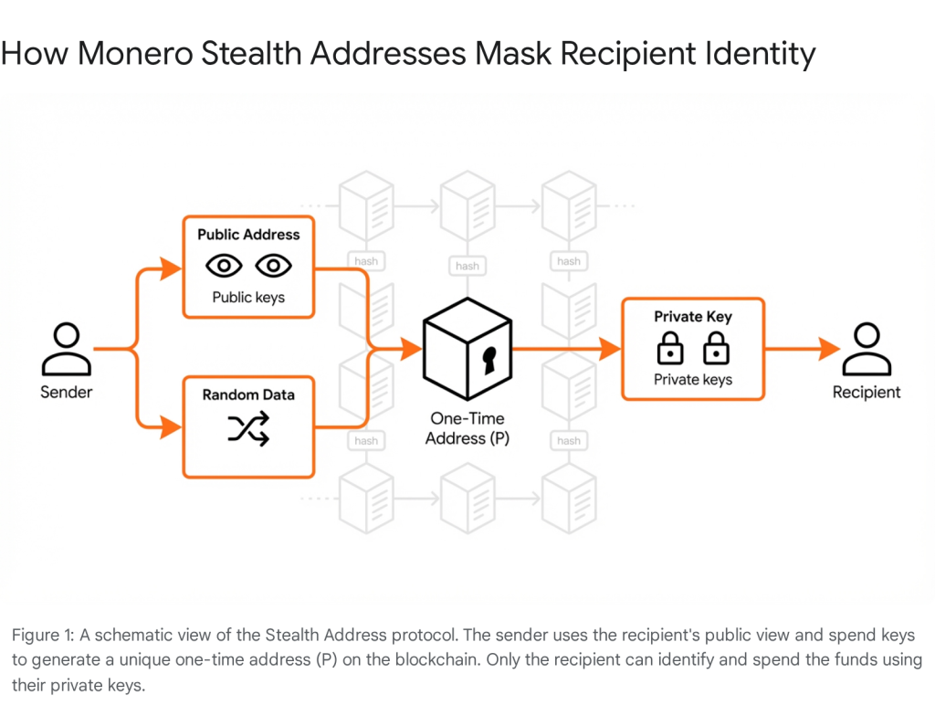 Diagram illustrating how Monero stealth addresses and ring signatures protect sender and receiver privacy on the blockchain.