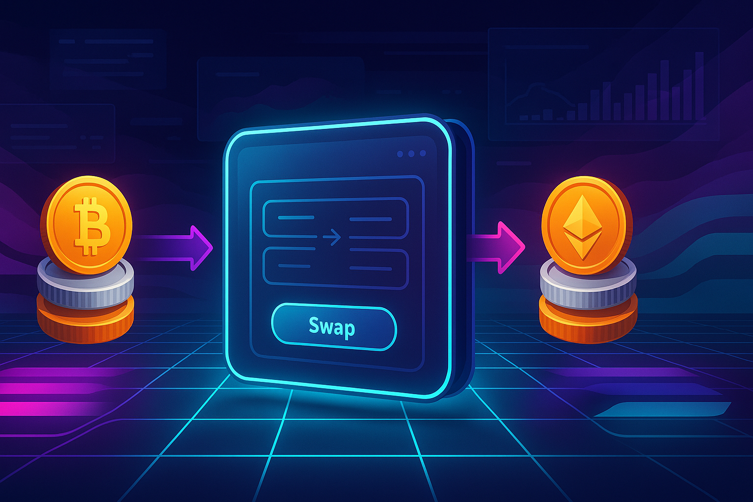 Digital wallet swapping crypto tokens on a Solana-style neon grid