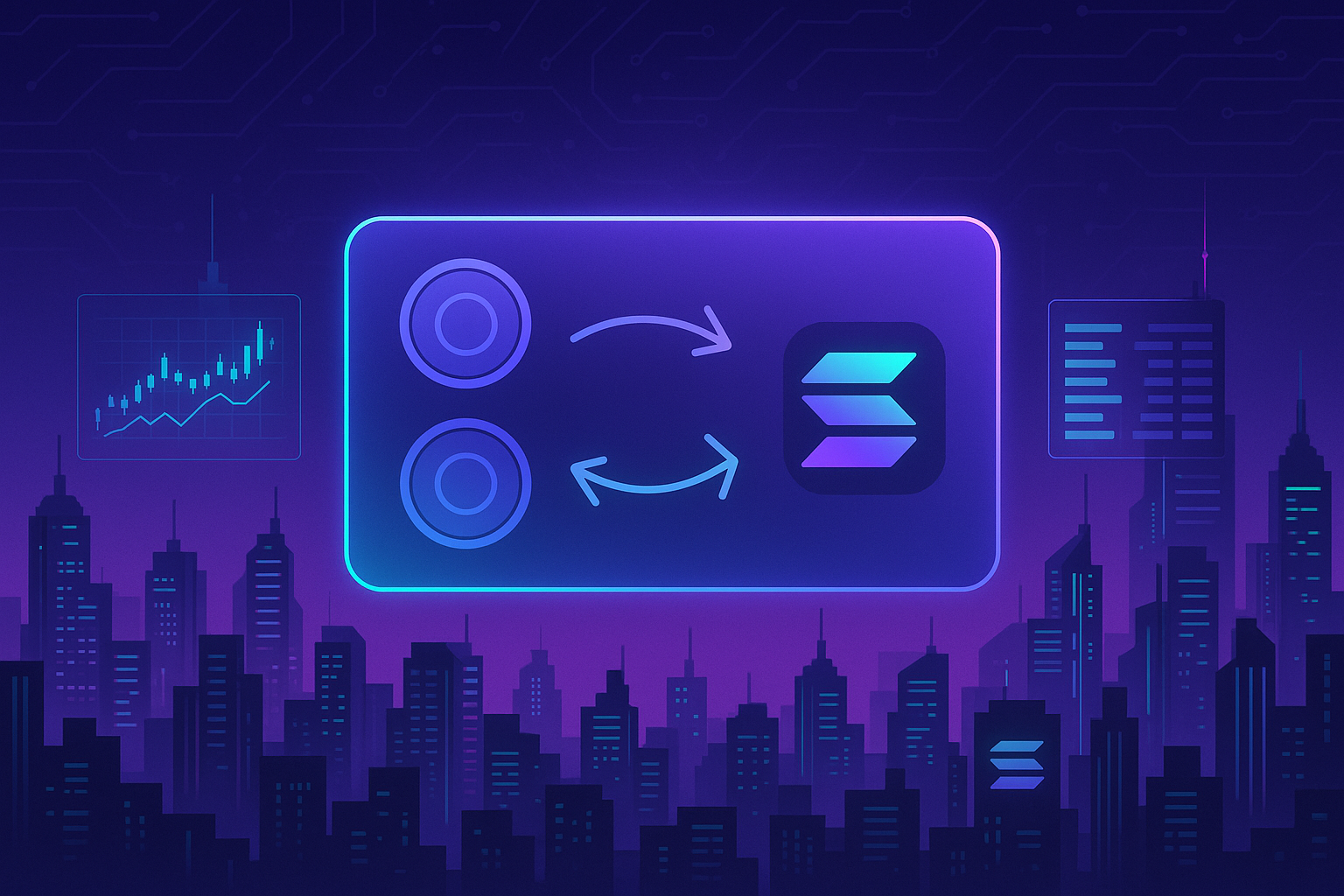 Neon cyber-city with digital wallet showing instant Solana crypto swaps