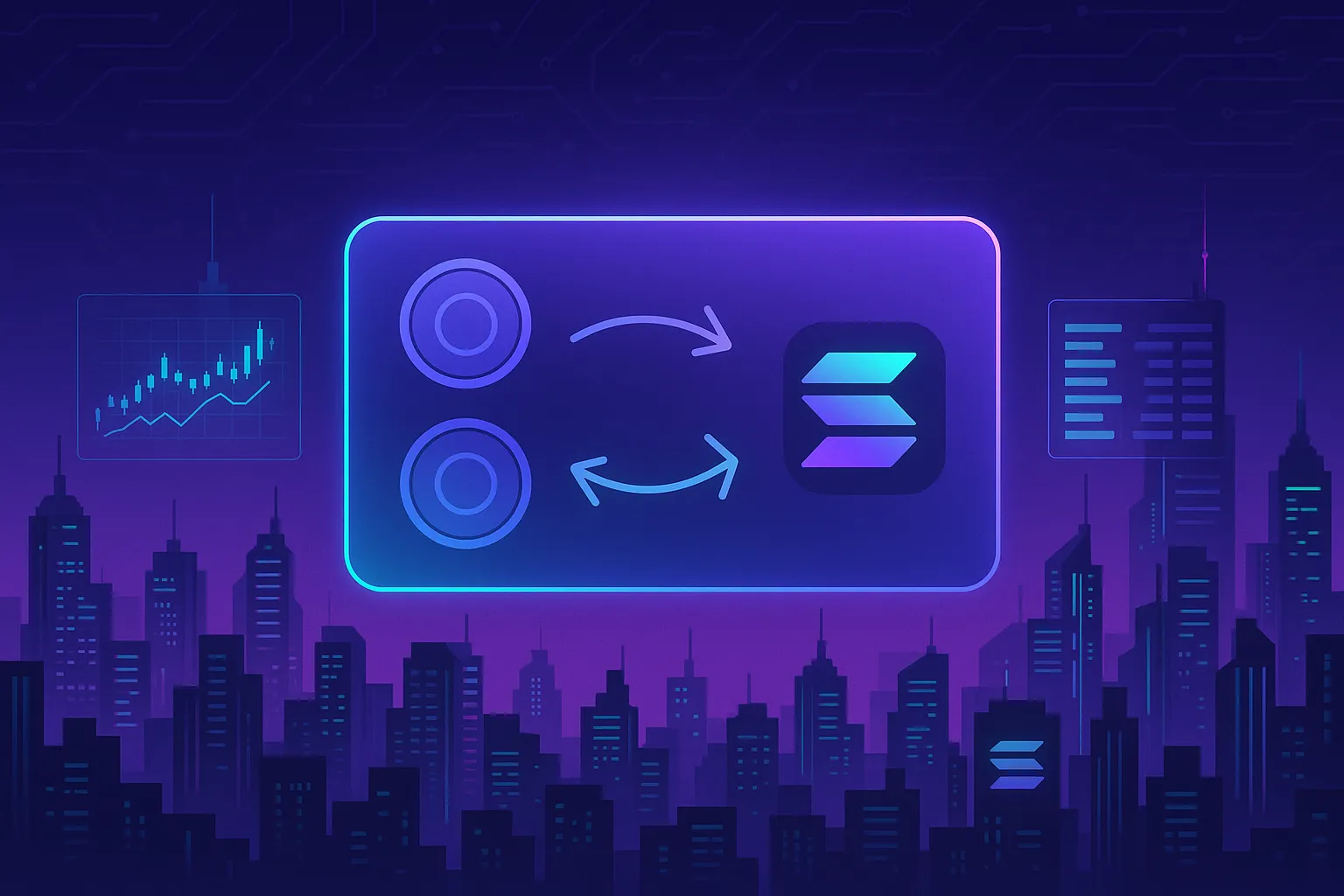 Neon cyber-city with digital wallet showing instant Solana crypto swaps