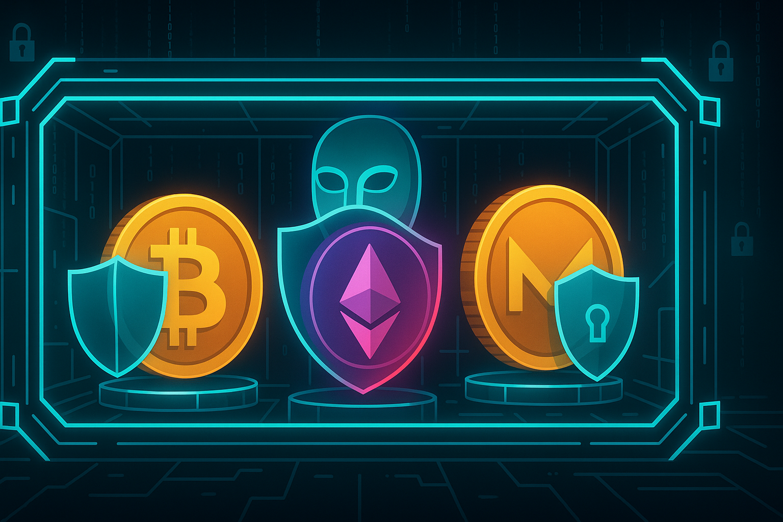 Futuristic crypto vault with masked anonymous coins and neon security icons