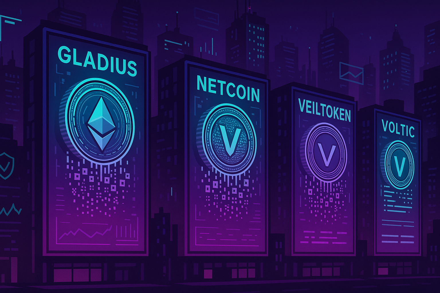 Cyberpunk city skyline with neon privacy coins and crypto data streams
