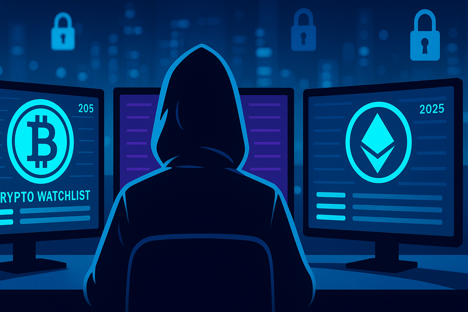 Hooded trader monitoring 2025 privacy coin watchlist on multiple glowing crypto screens