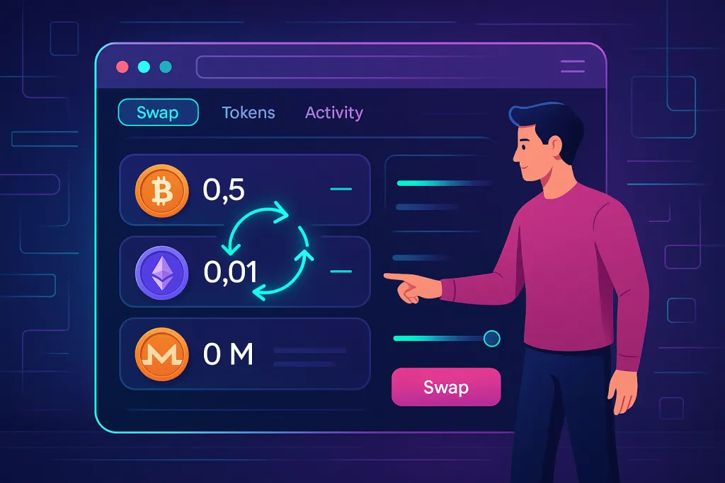 Crypto user swapping tokens in a futuristic Rabby wallet interface
