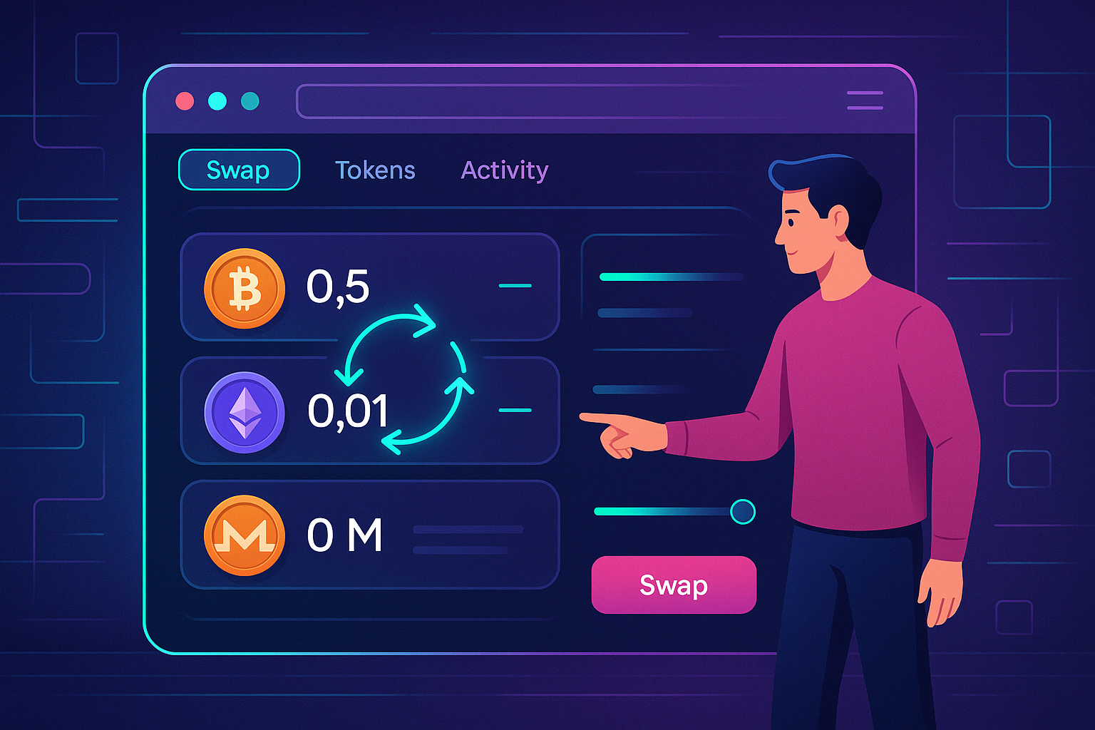 Crypto user swapping tokens in a futuristic Rabby wallet interface