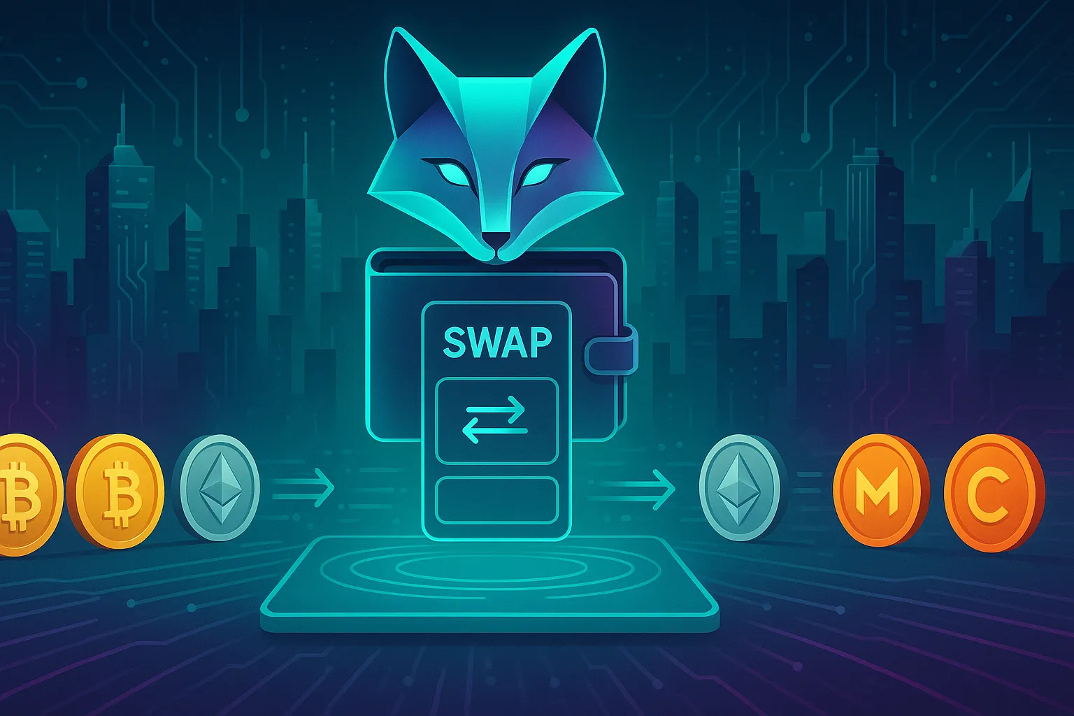 Digital fox wallet hovering over crypto swap interface with coin icons and neon city backdrop