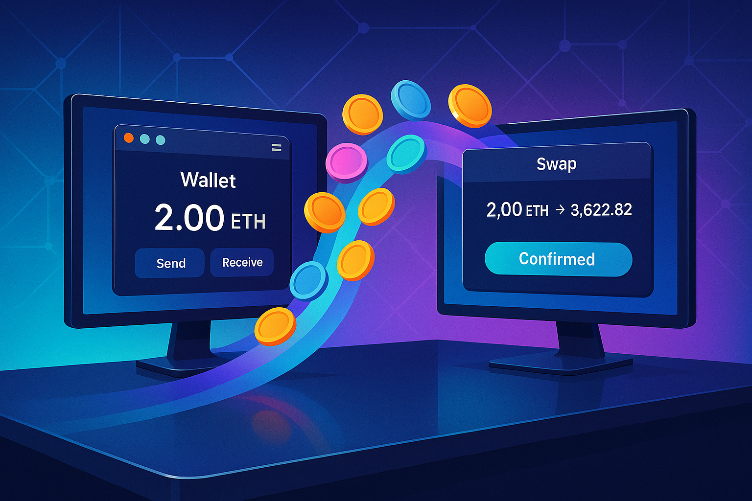 Dual-screen crypto wallet interface illustrating token swap between browser extension and desktop app