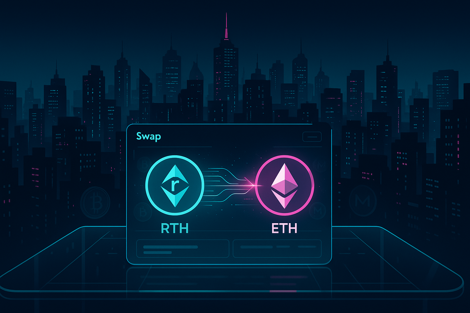 Futuristic crypto interface showing rETH to ETH swap in neon cyberpunk city