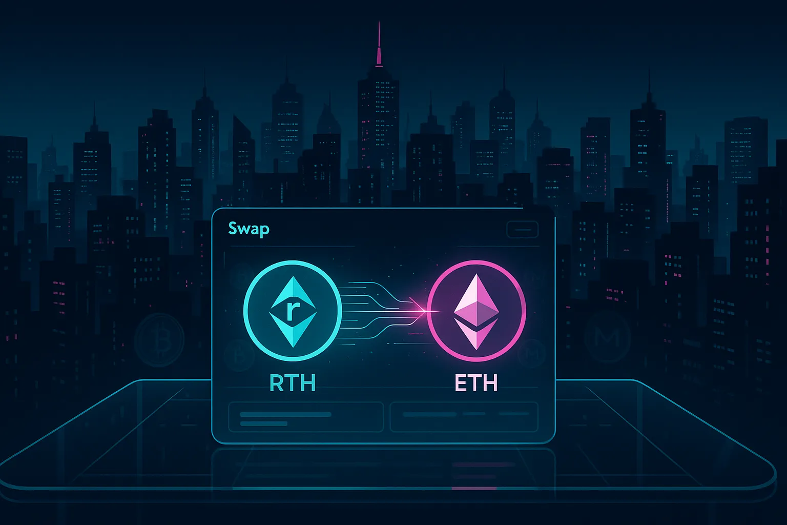Futuristisch crypto-interface dat een rETH-naar-ETH-swap toont in een neonkleurige cyberpunkstad.