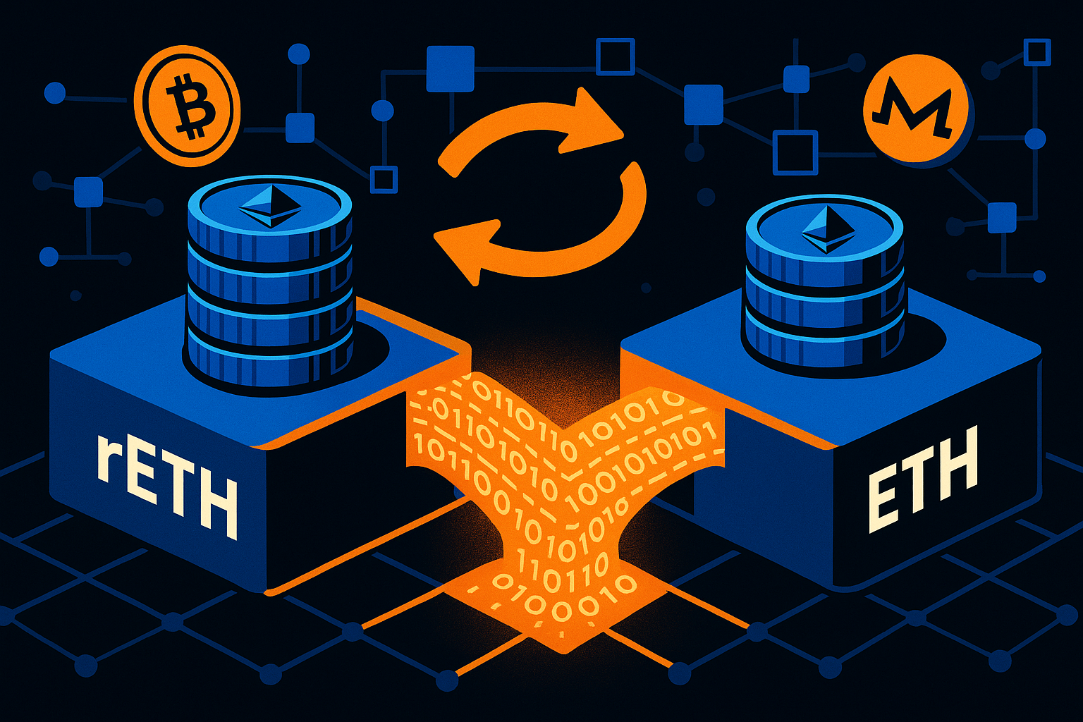 Illustration of rETH to ETH swap bridge with crypto coins and blockchain network