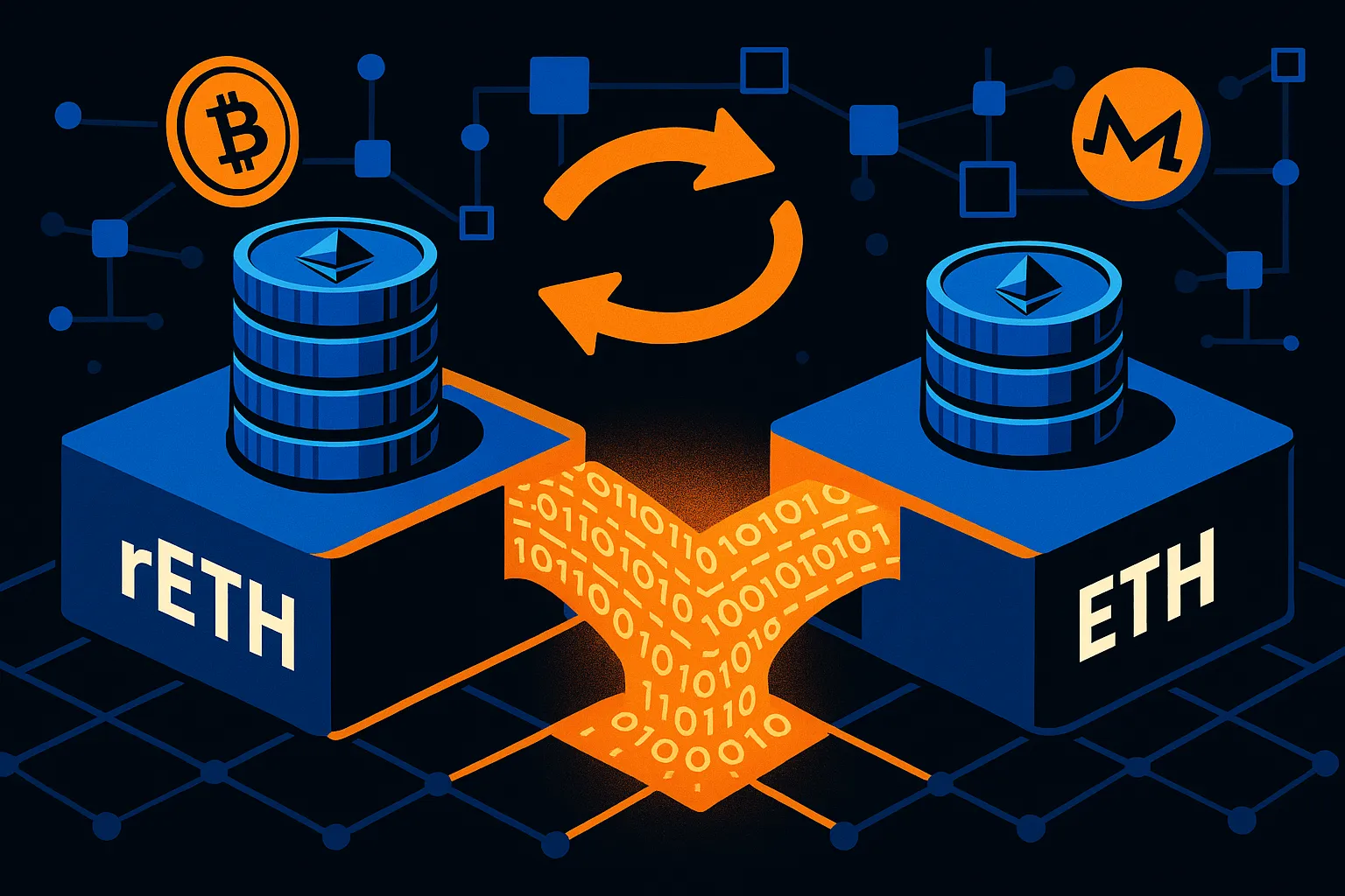 Illustratie van een rETH-naar-ETH-swapbrug met cryptomunten en een blockchainnetwerk.