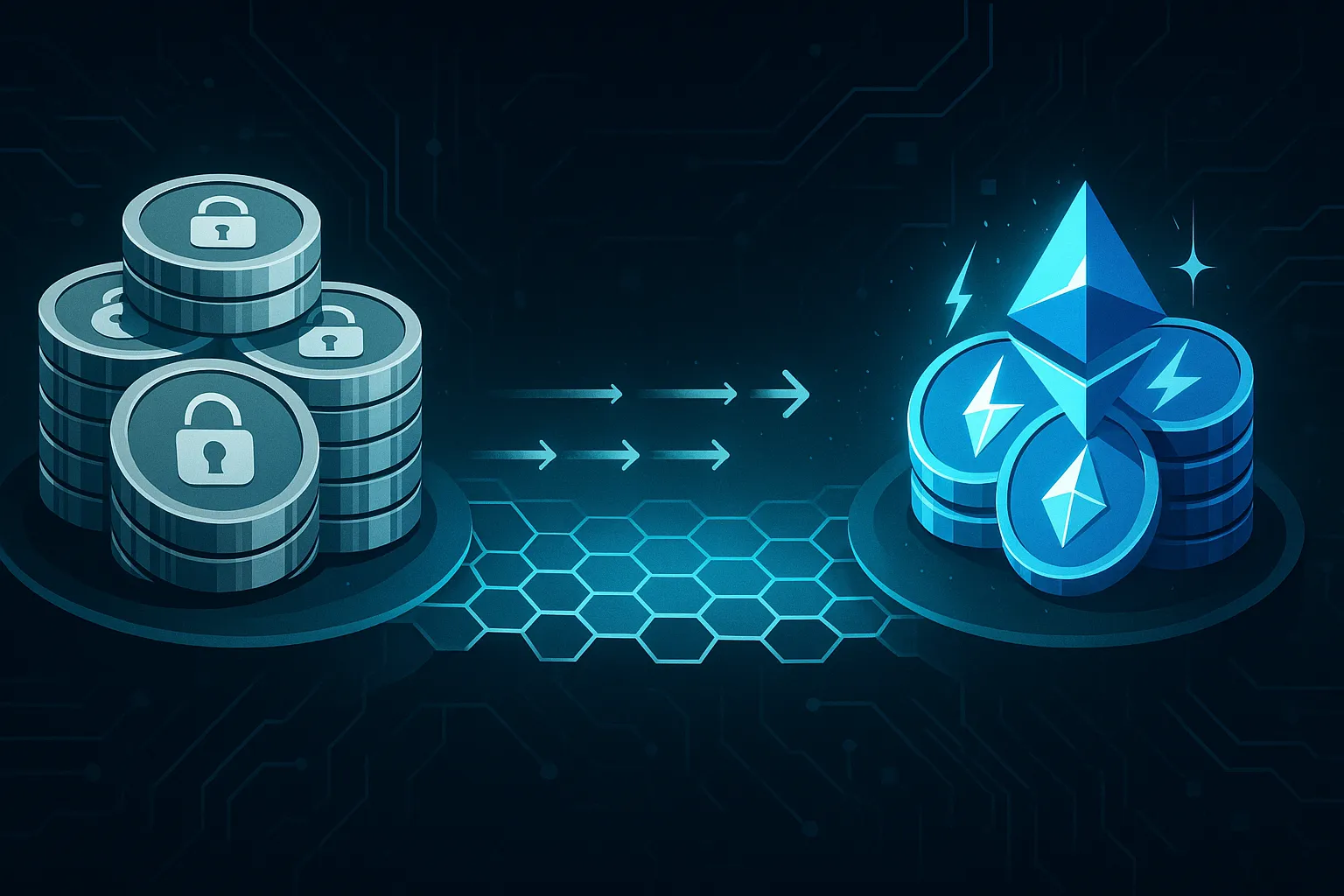 Digitale brug waarmee gestakete stETH-coins worden omgewisseld voor ETH-coins in een cyberpunk blockchain-omgeving.