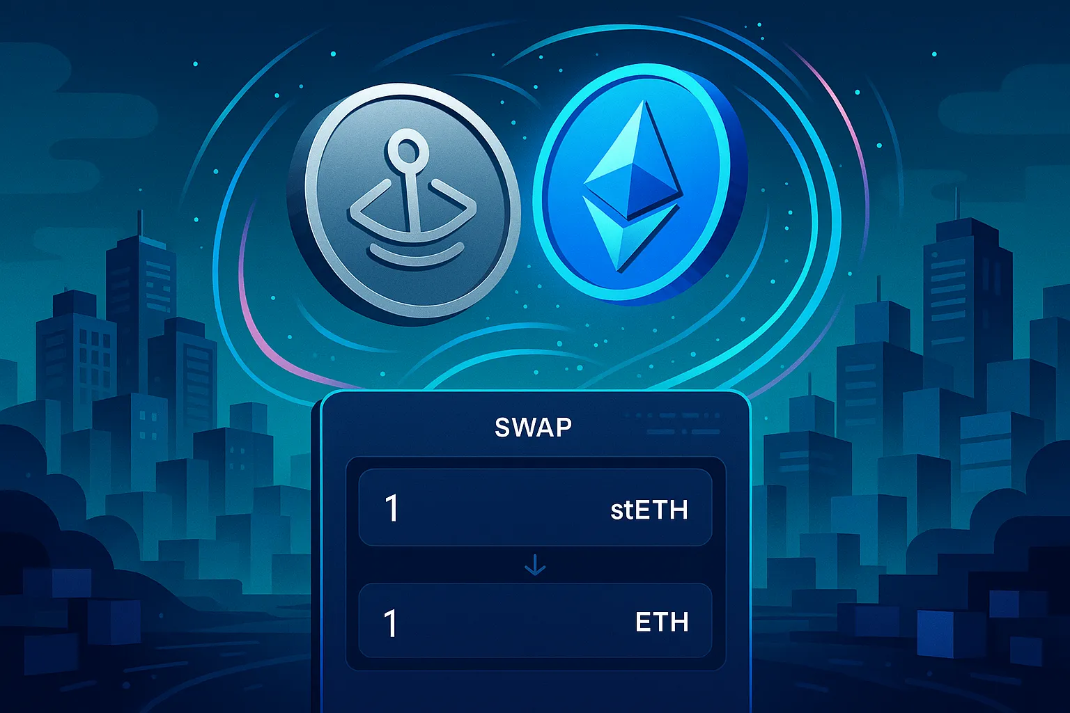 Futuristisch ogende crypto-interface die een stETH-naar-ETH-swap toont in een neonkleurige stadsomgeving.