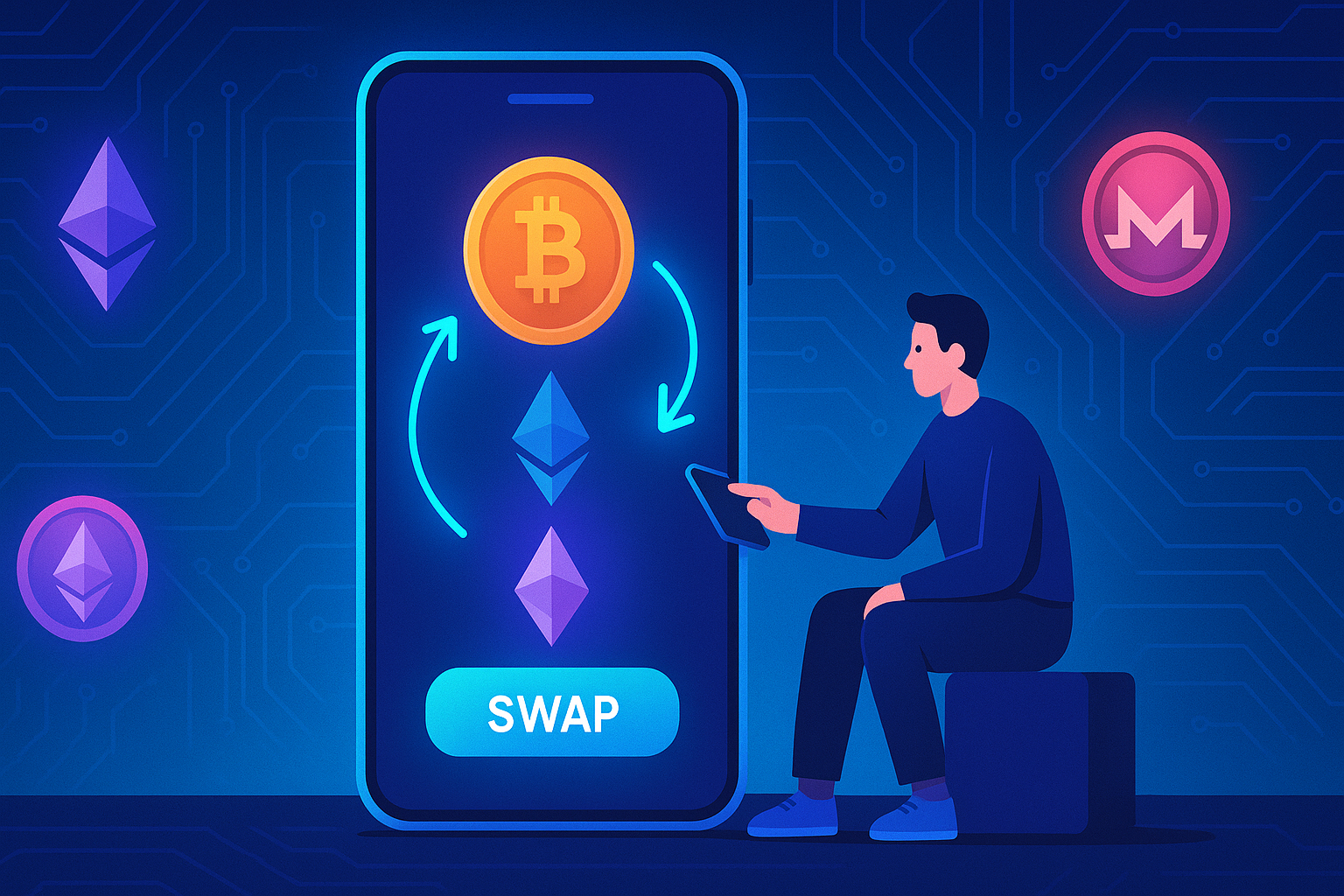 User swapping crypto tokens in a modern mobile wallet interface with neon gradients