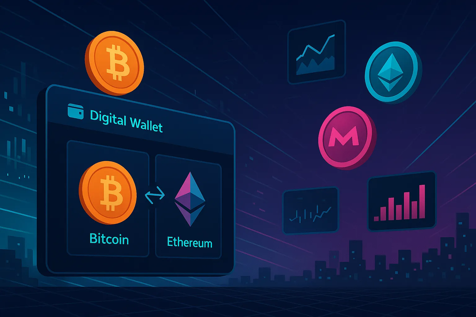 チャートとデータシティを背景にトークンをスワッピングする暗号通貨ウォレットダッシュボード