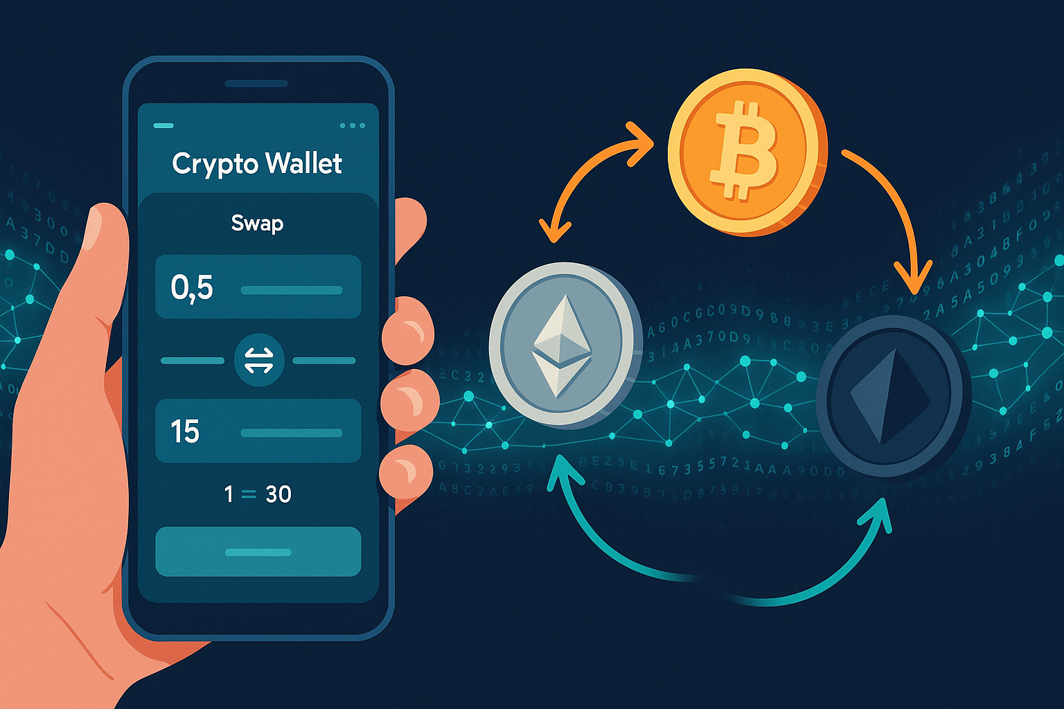 Hand holding smartphone showing crypto swap wallet screen with coins and blockchain code