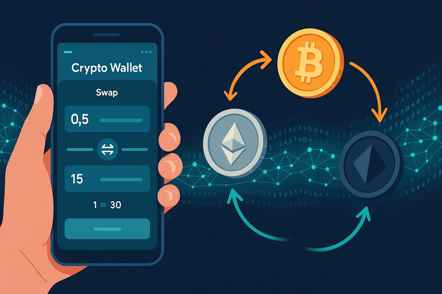 コインとブロックチェーンコードが表示された暗号通貨スワップウォレット画面が表示されているスマートフォンを持つ手