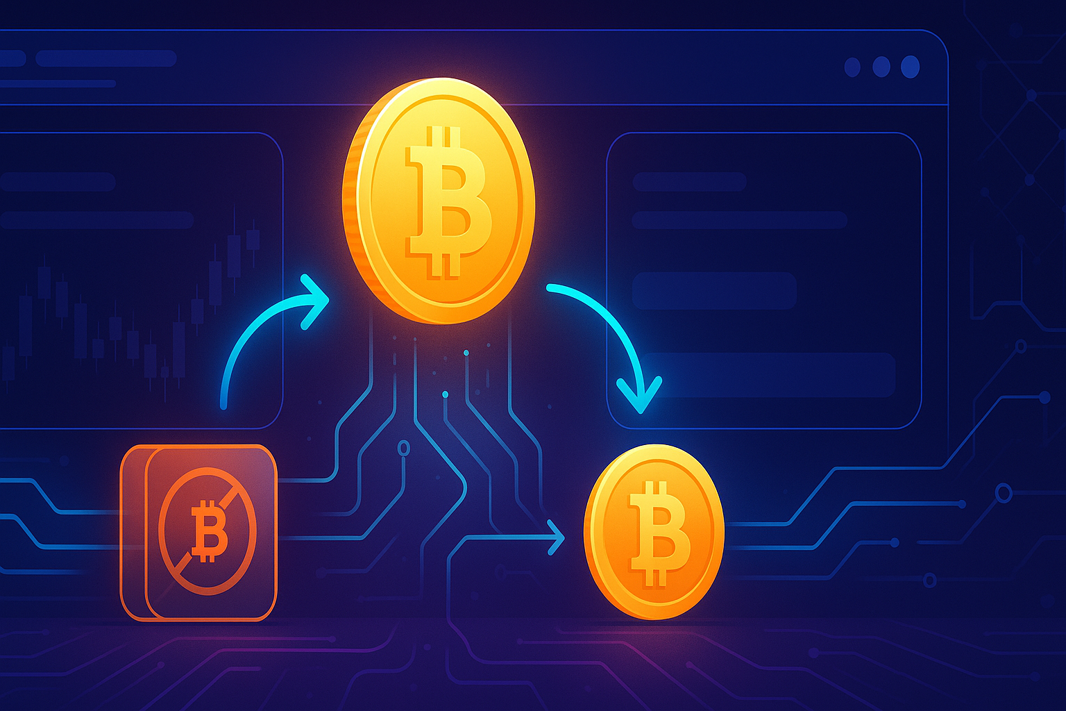 Futuristic crypto interface showing WBTC token converting into BTC coin