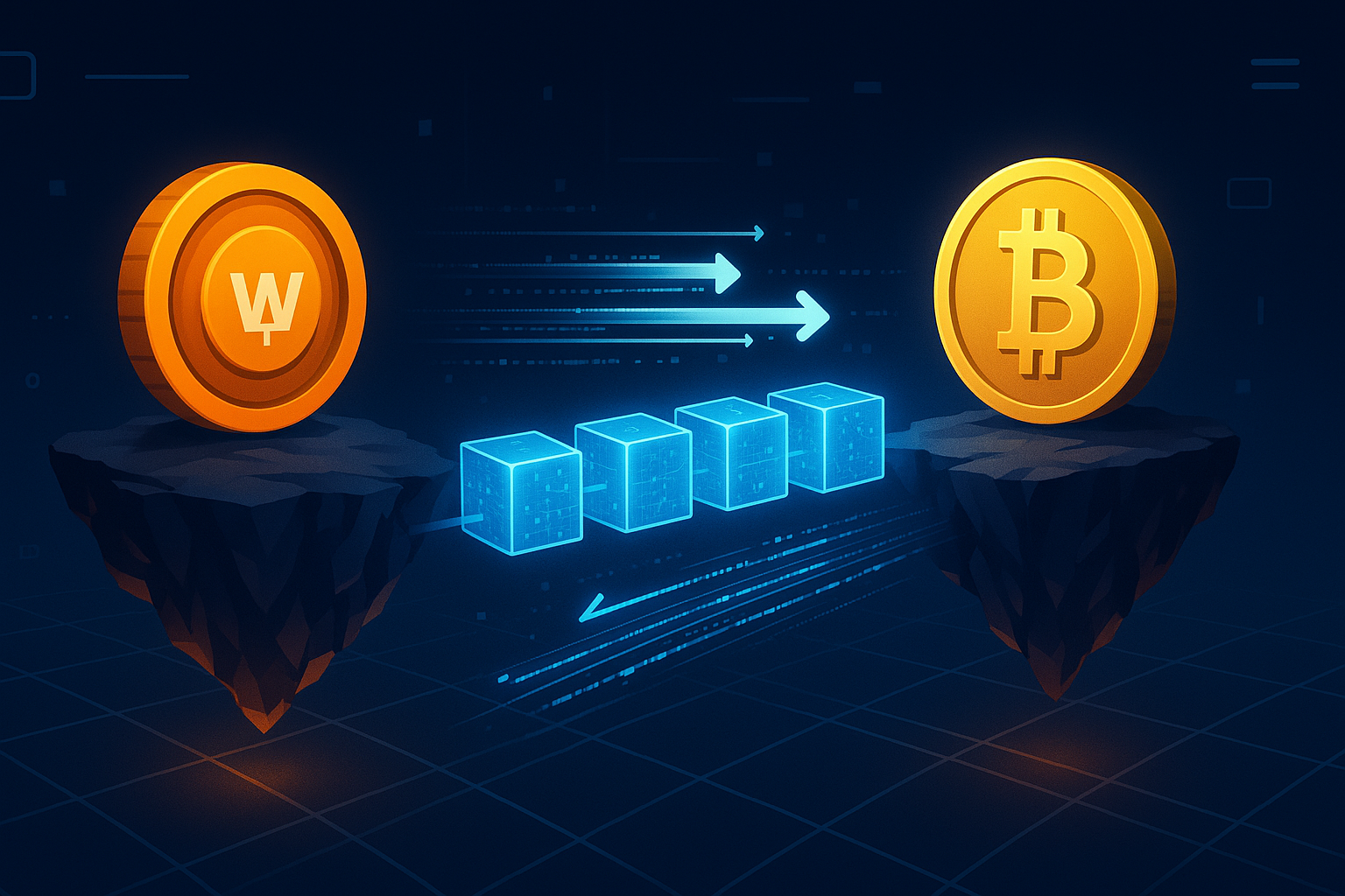 Digital blockchain bridge showing token swap from WBTC to BTC between two glowing crypto islands