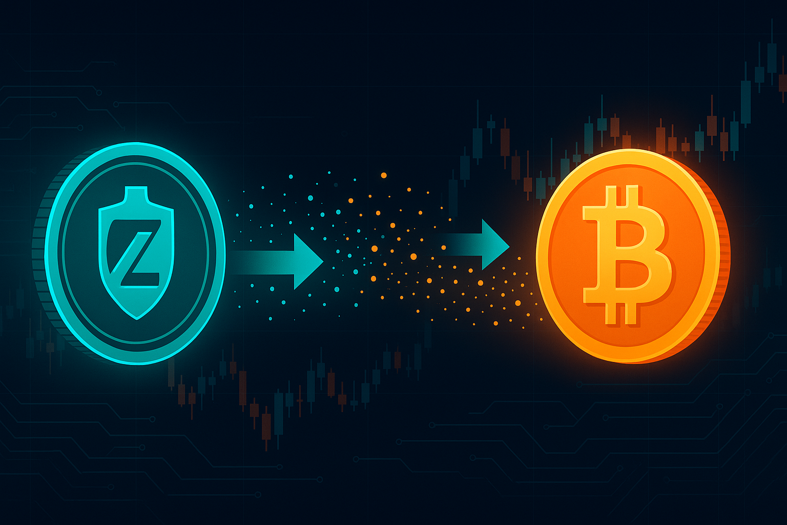 Digital crypto exchange banner showing ZEC to BTC swap with glowing coins and charts