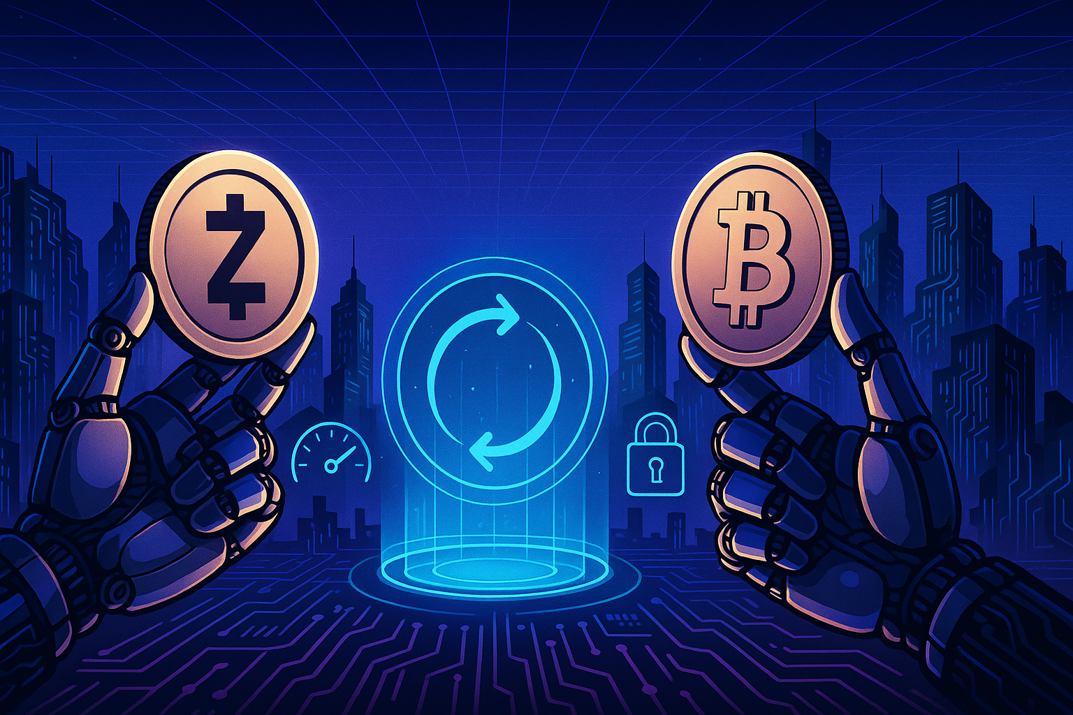 Robotic hands swapping ZEC privacy coin to BTC over a secure crypto portal