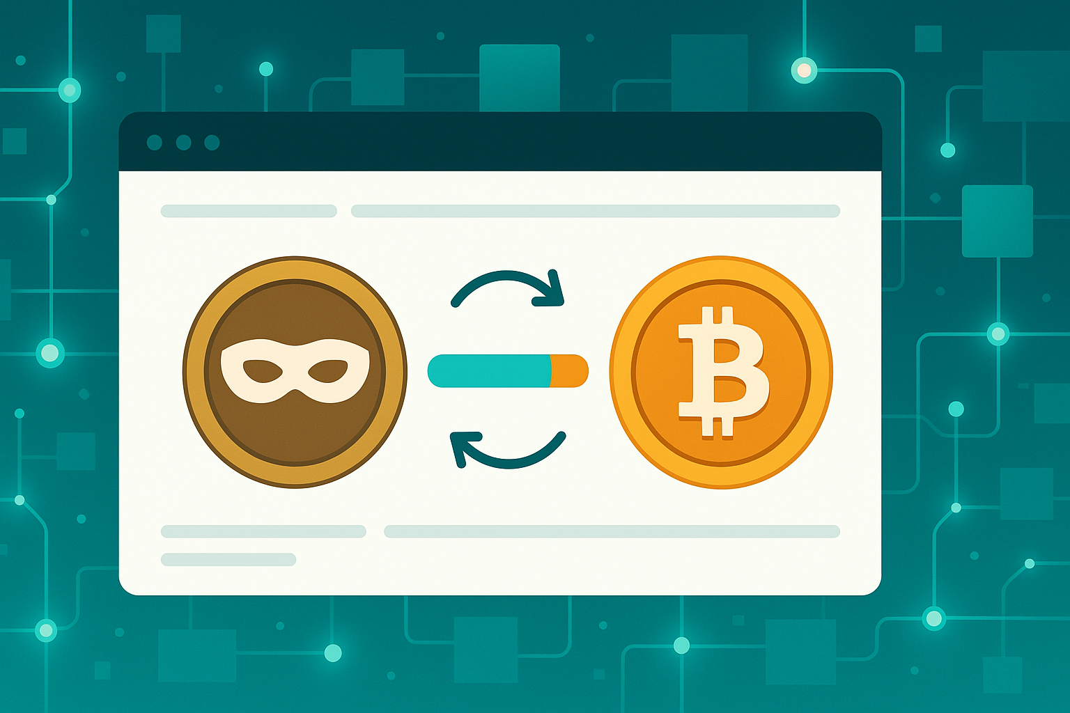 Flat illustration of instant ZEC to BTC swap dashboard with privacy coin and bitcoin icons