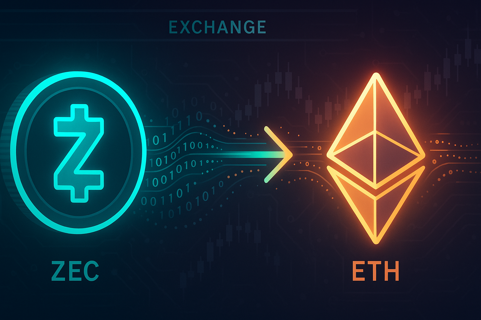 Digital ZEC to ETH swap interface with glowing coins and data streams