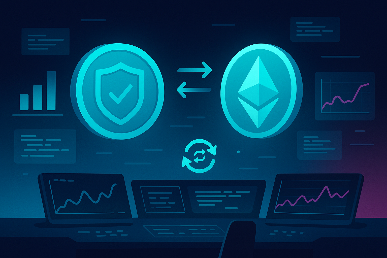 Futuristic crypto dashboard showing a ZEC-style coin swapping into an ETH-like coin