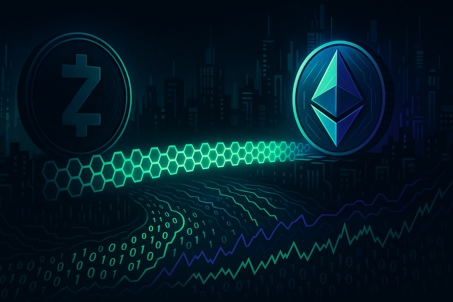 Digital bridge of glowing hexagons linking ZEC-like and ETH-like coins over binary code river