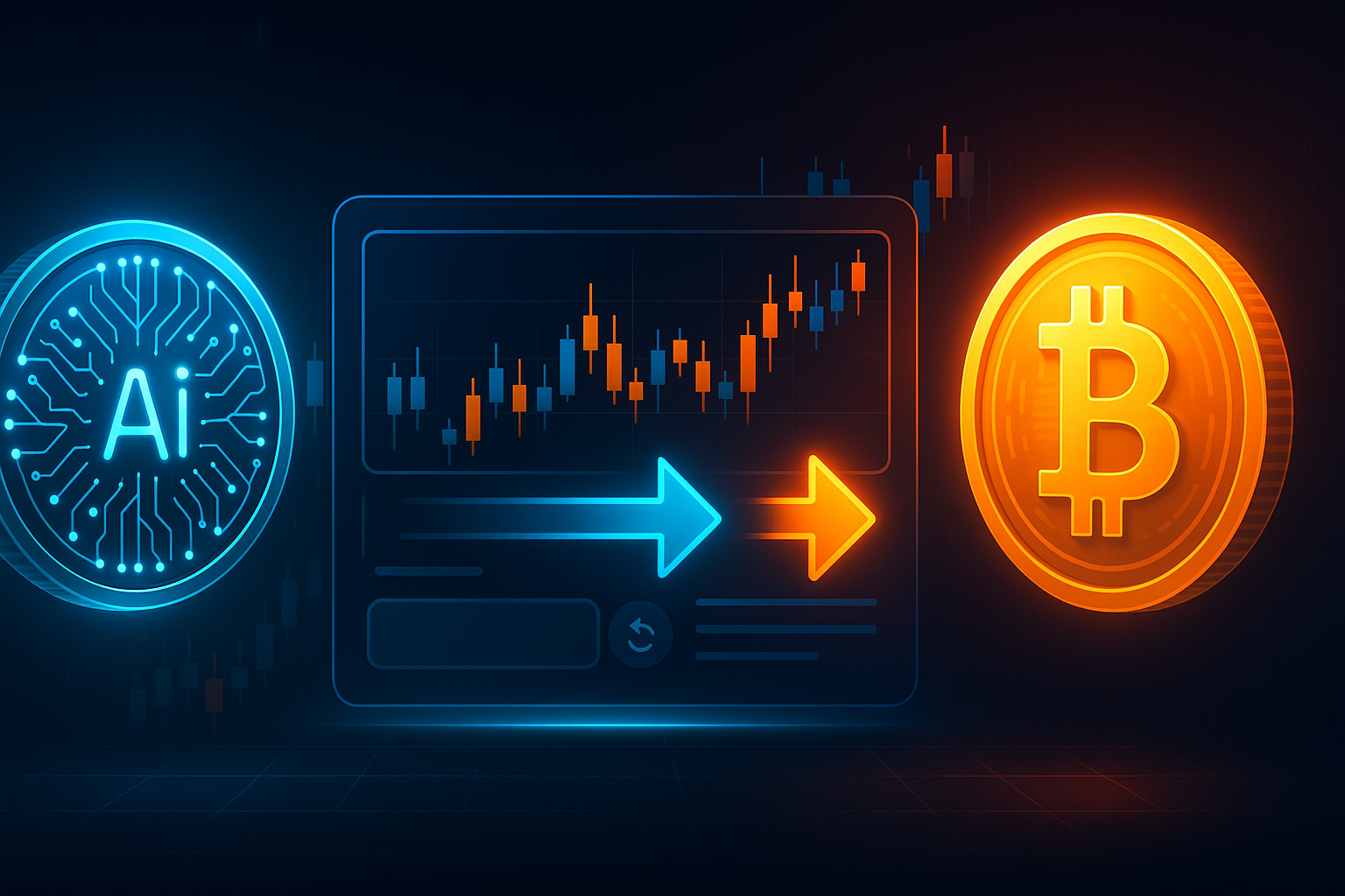 Futuristic crypto swap dashboard with AGIX-like AI coin and BTC-like coin