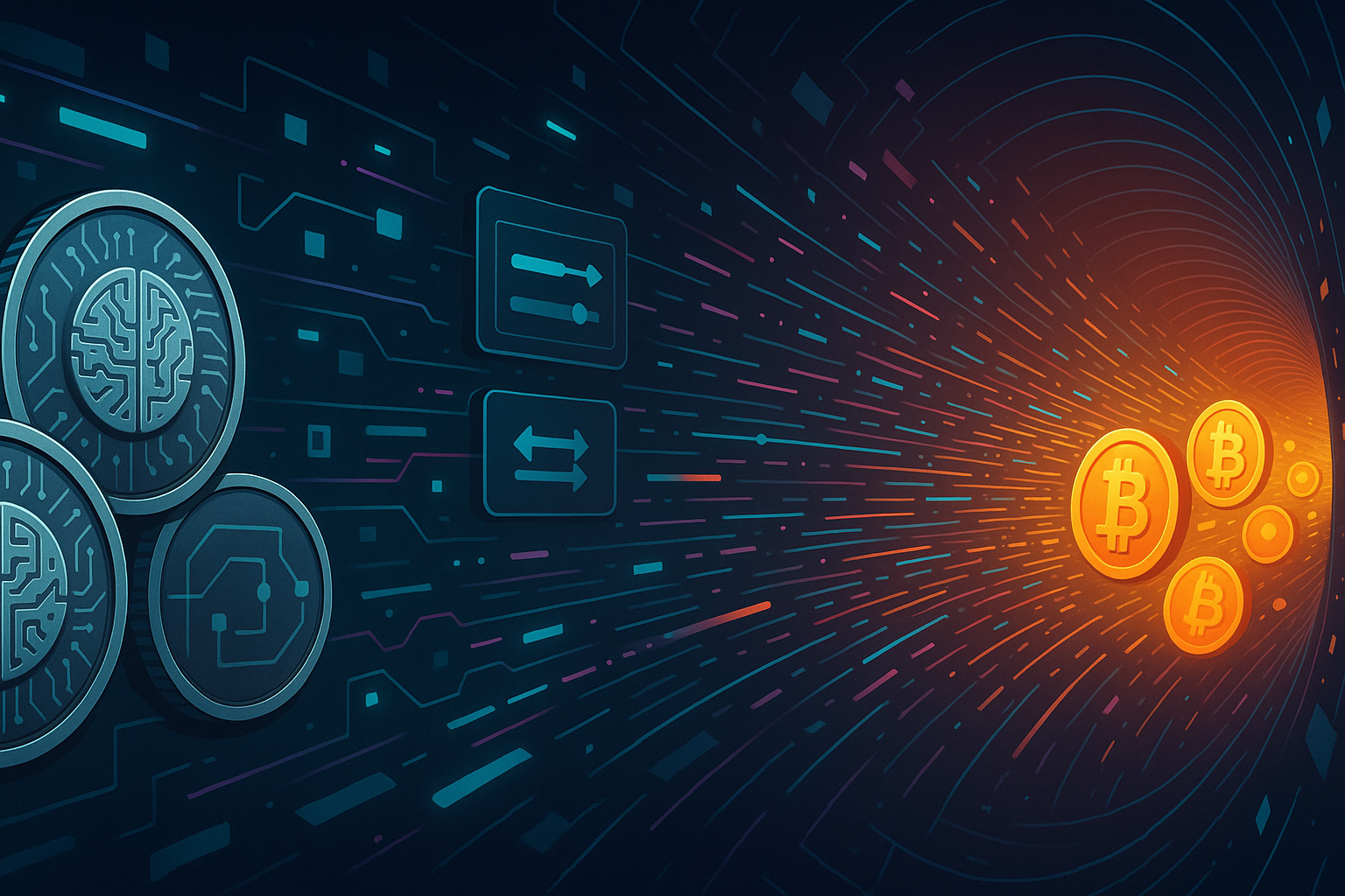 Abstract AGIX to BTC swap illustration with AI tokens converting into Bitcoin coins