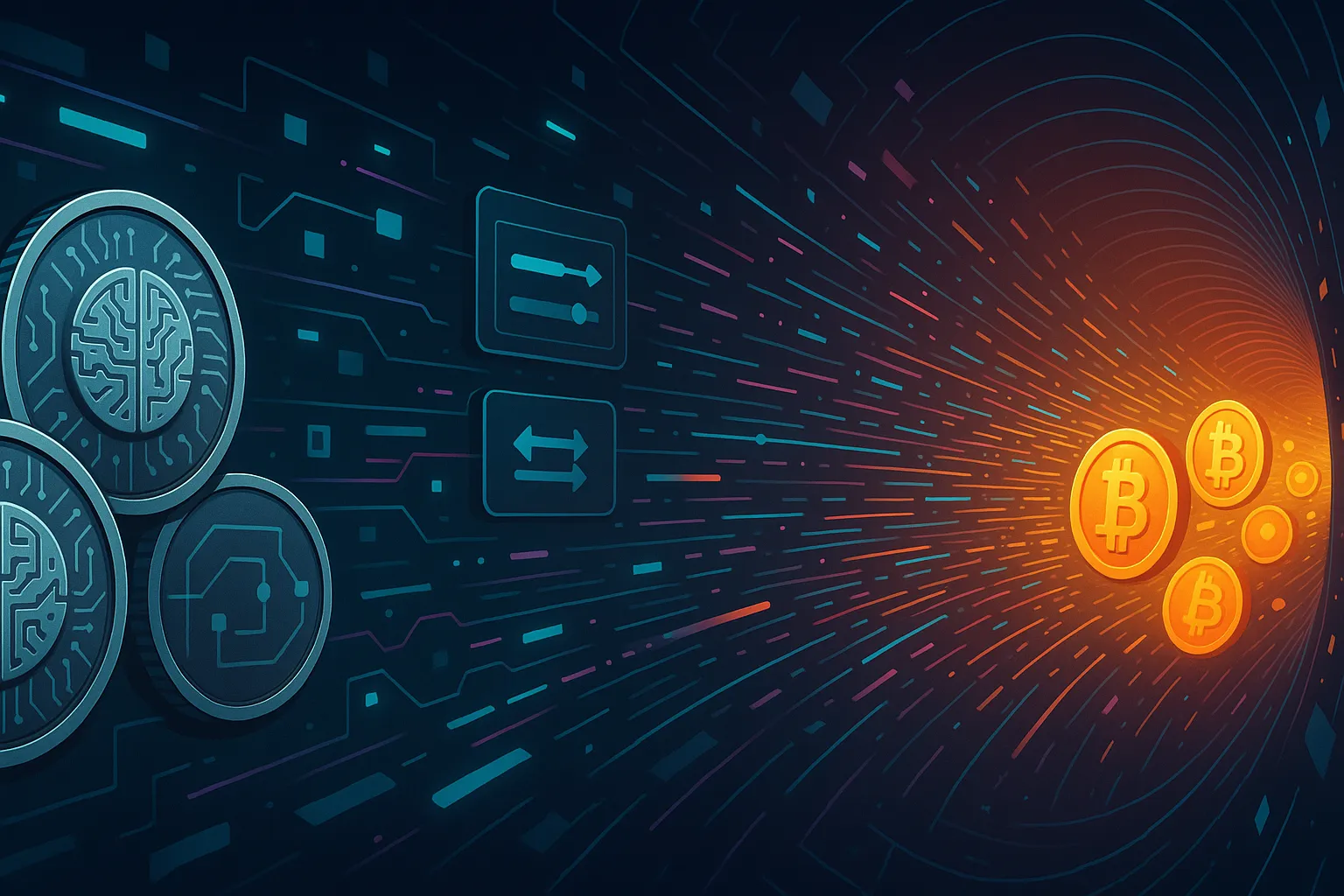 Абстрактная иллюстрация обмена AGIX на BTC с использованием токенов ИИ для конвертации в биткоины.