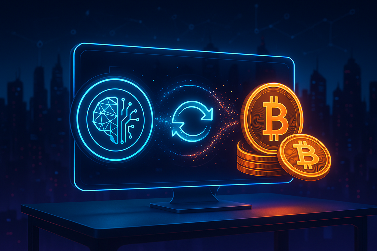 Futuristic holographic interface showing AGIX to BTC crypto swap