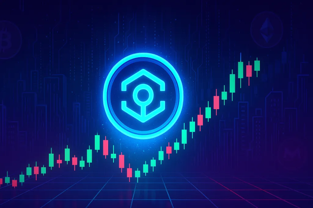 Banner de gráfico de precios de velas de criptomonedas con token futurista inspirado en ANKR