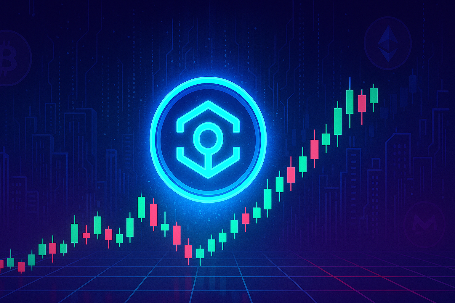 Futuristic ANKR-inspired token over crypto candlestick price chart banner