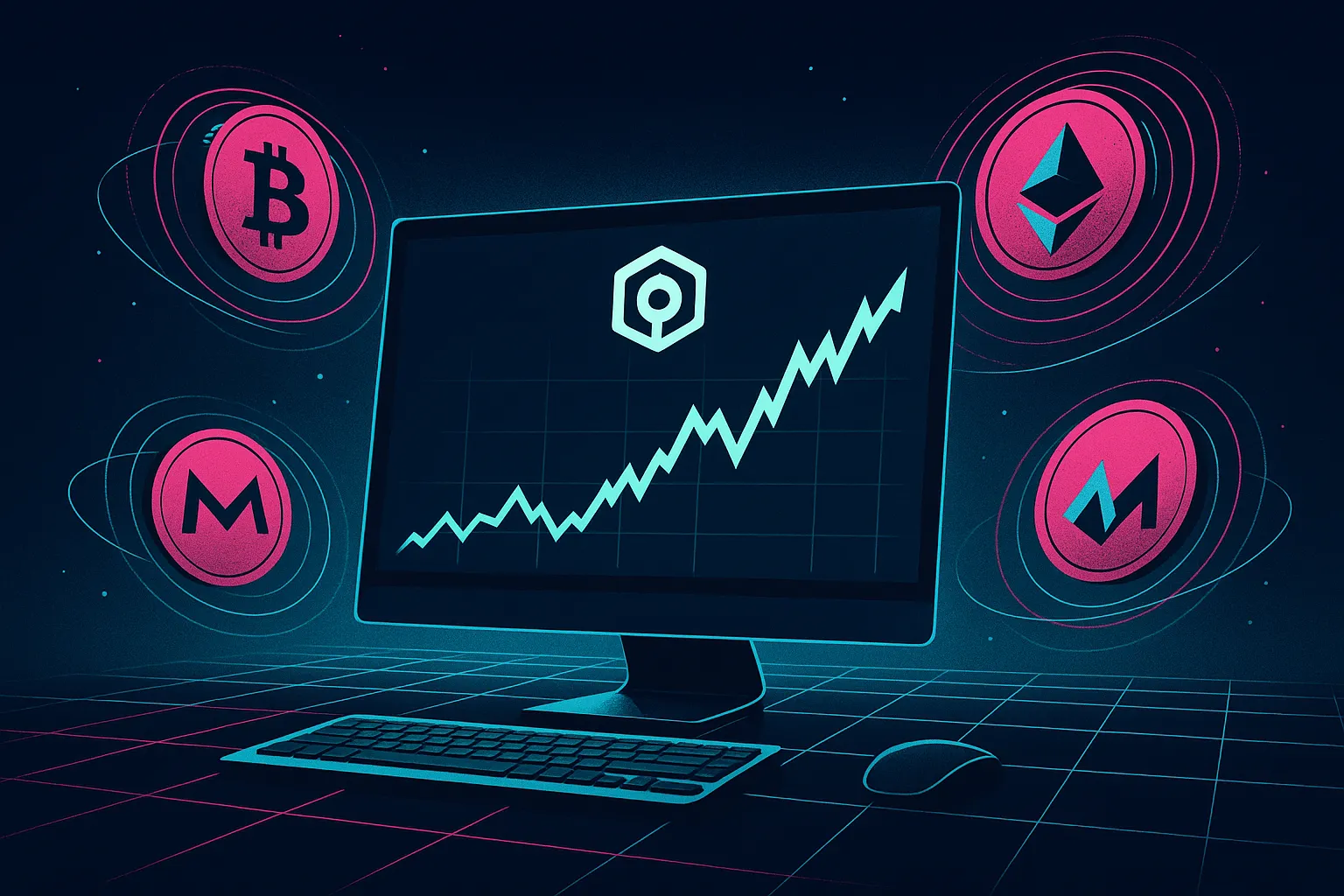 Terminal de comercio de criptomonedas futurista que muestra un gráfico de precios ascendente al estilo ANKR con monedas holográficas.