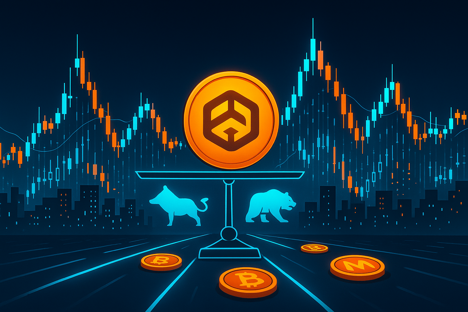 Crypto city nightscape with ANKR coin on bull vs bear price scale