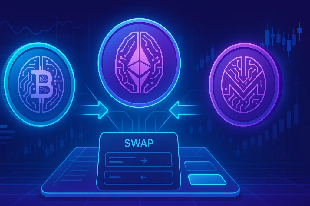 Terminal de intercambio de criptomonedas futurista impulsada por IA con monedas digitales flotantes y gráficos