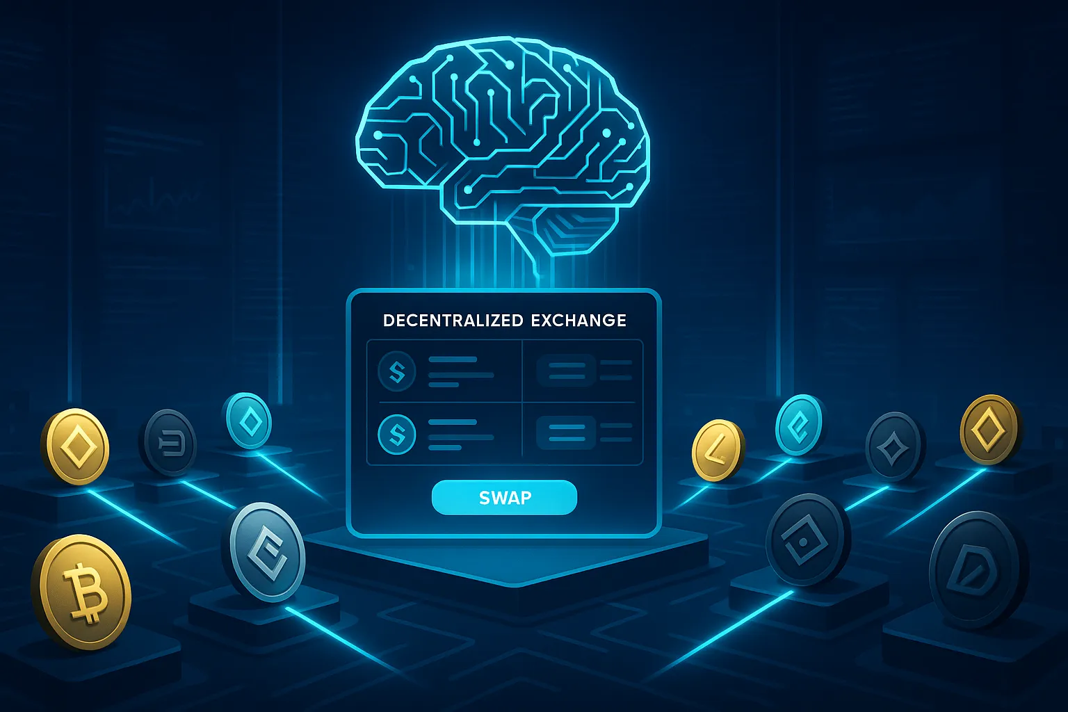 Cerebro de IA futurista sobre un panel de intercambio de criptomonedas con intercambios de tokens brillantes por la noche