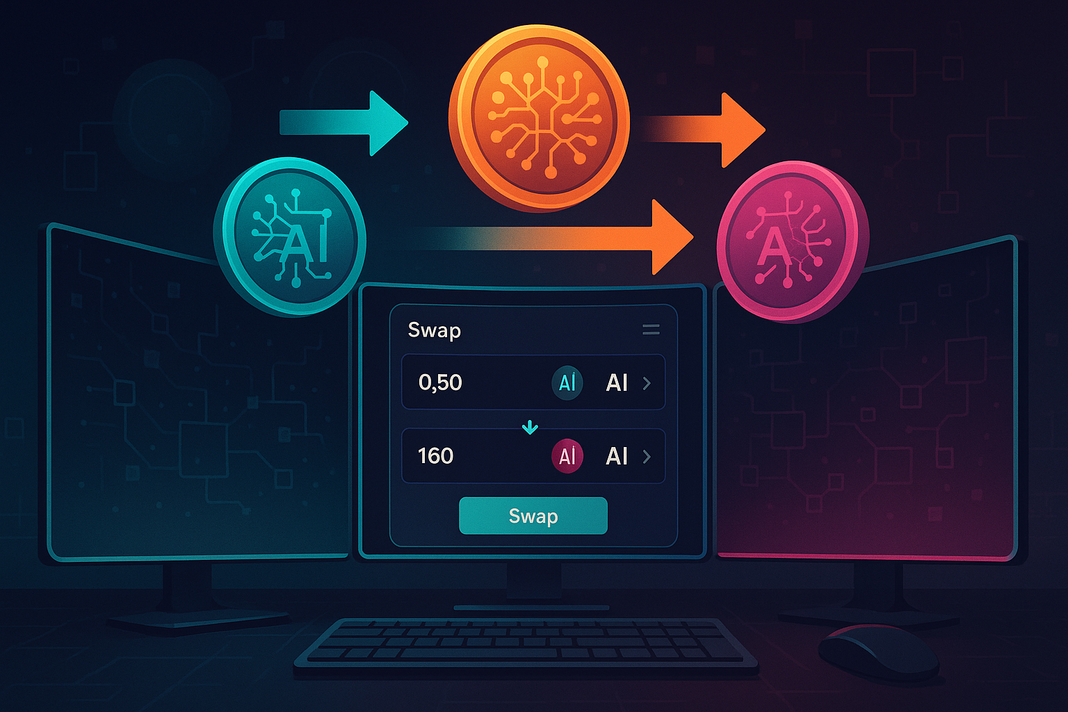 Trader desk with multiple monitors swapping AI crypto tokens on a sleek interface