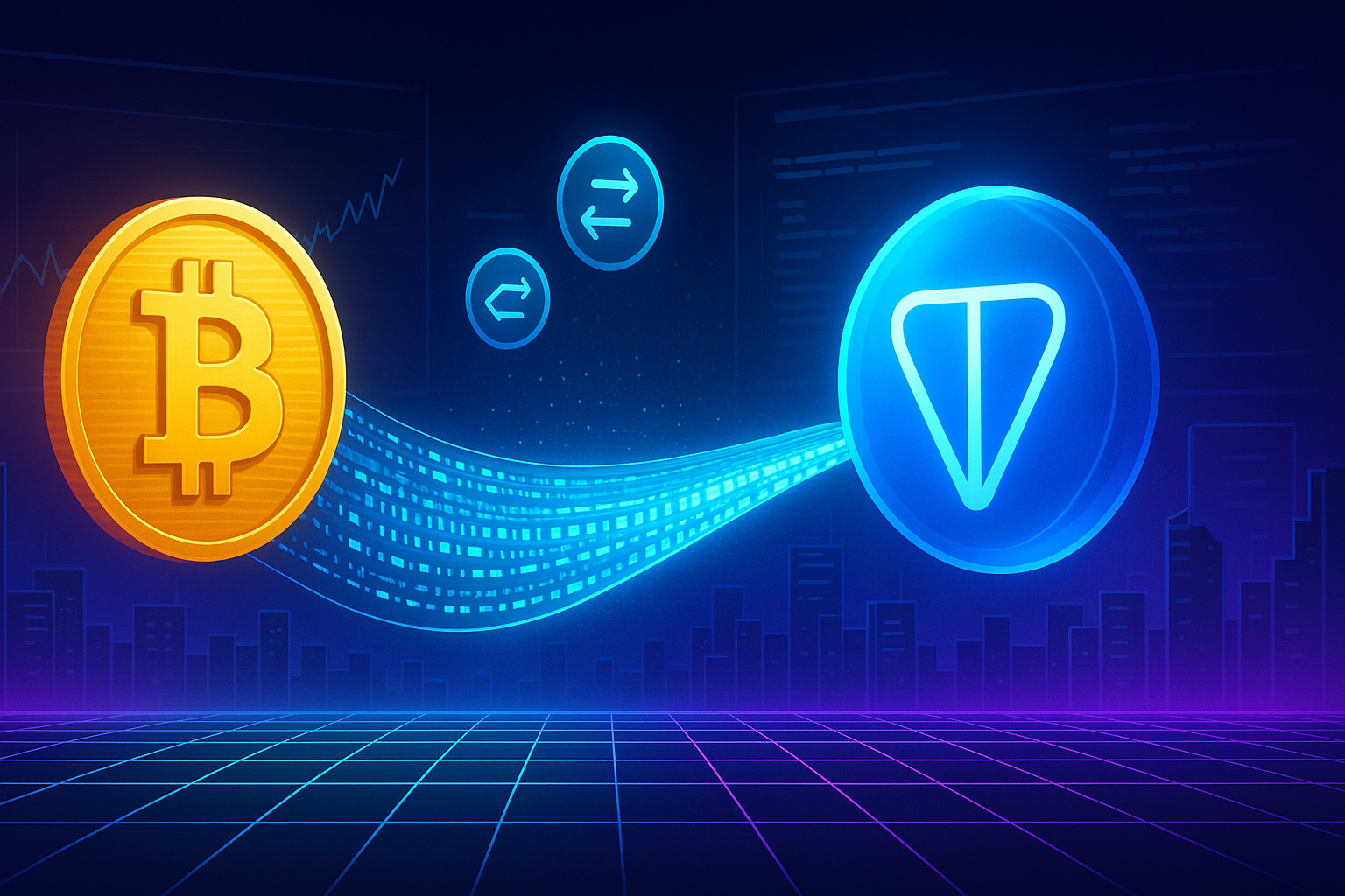 Digital bridge visualizing a secure BTC to TON swap over a neon crypto cityscape