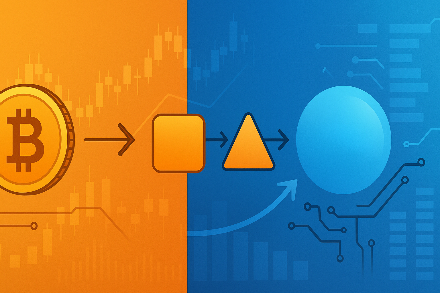 BTC to TON swap banner with morphing coin, charts, and tech graphics