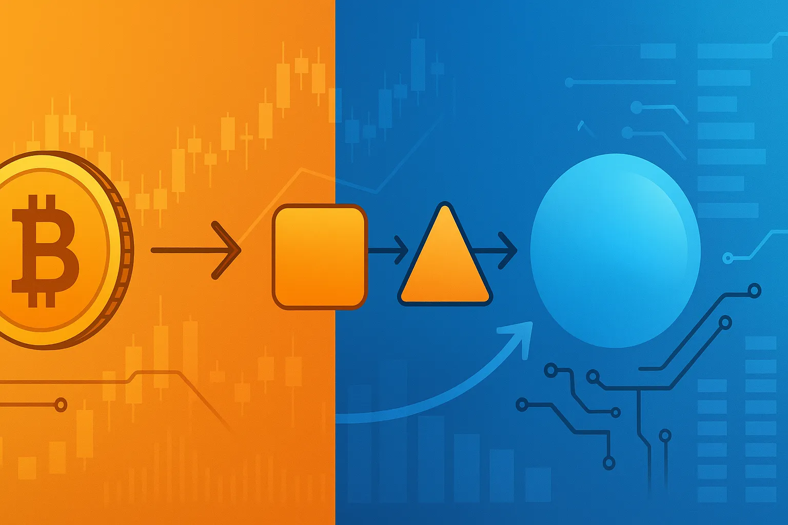 BTC to TON swap banner with morphing coin, charts, and tech graphics
