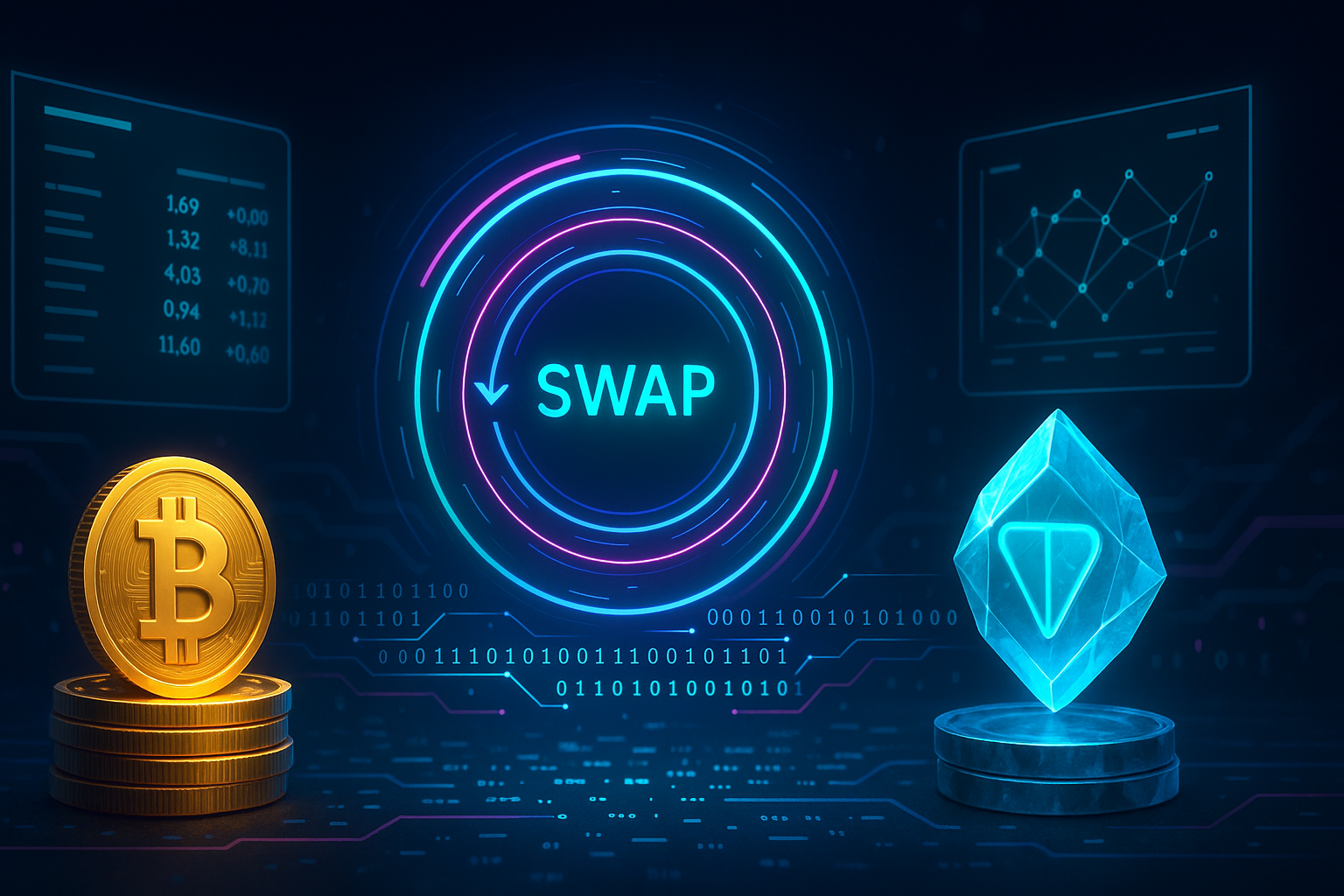 Digital BTC to TON swap interface with coins, tokens and data streams