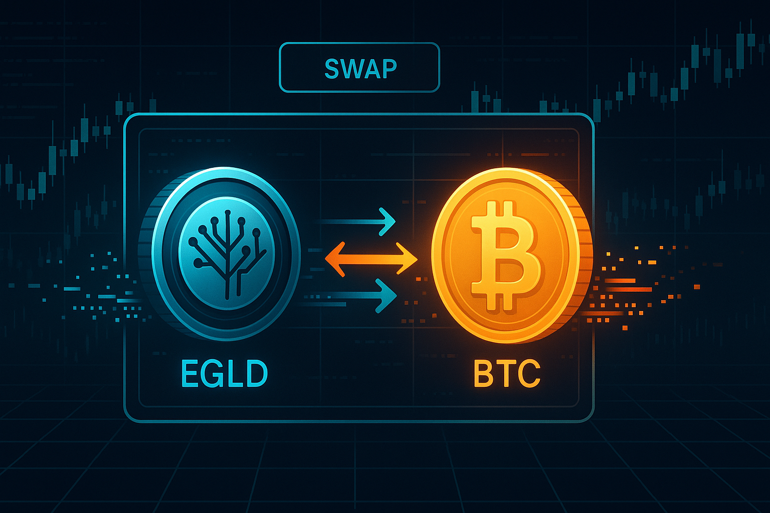 EGLD to BTC swap interface with neon data streams and price charts
