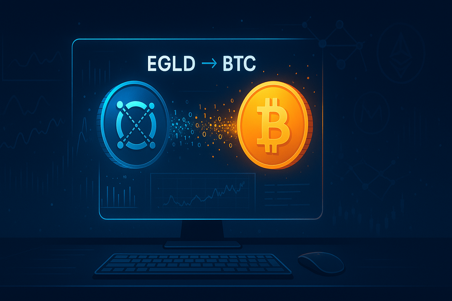 Holographic EGLD to BTC swap dashboard with flowing digital particles