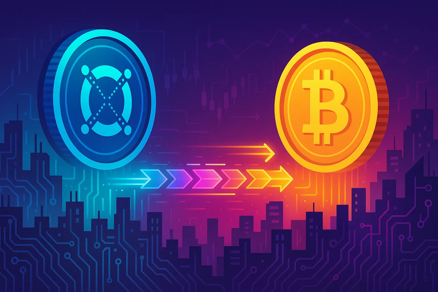 Futuristic EGLD to BTC swap bridge in neon cyberpunk crypto city